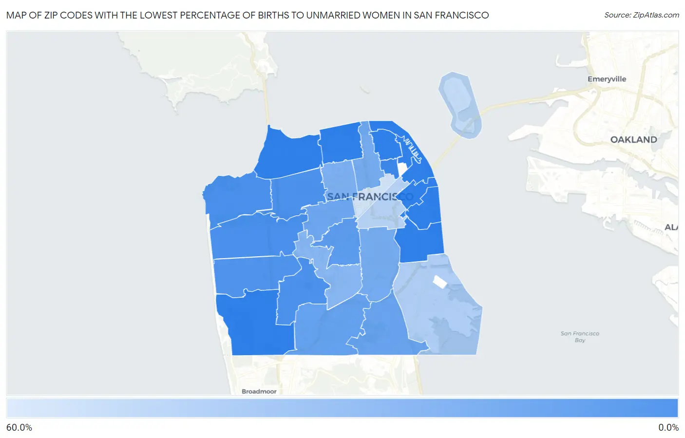Zip Codes with the Lowest Percentage of Births to Unmarried Women in San Francisco Map