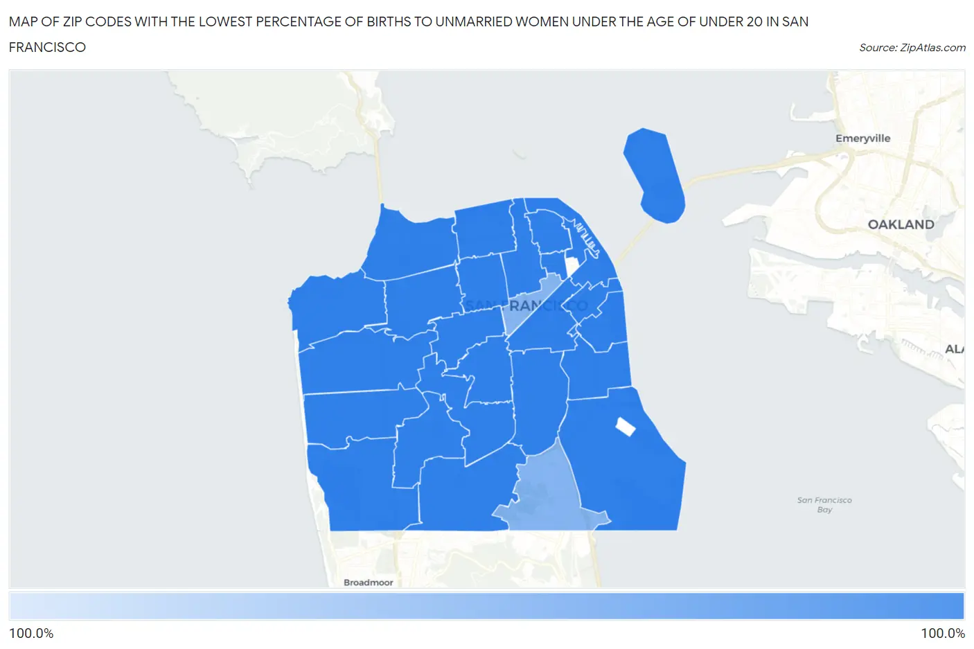 Zip Codes with the Lowest Percentage of Births to Unmarried Women under the Age of under 20 in San Francisco Map