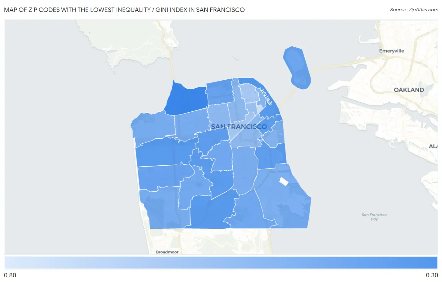 Zip Codes with the Lowest Inequality / Gini Index in San Francisco Map
