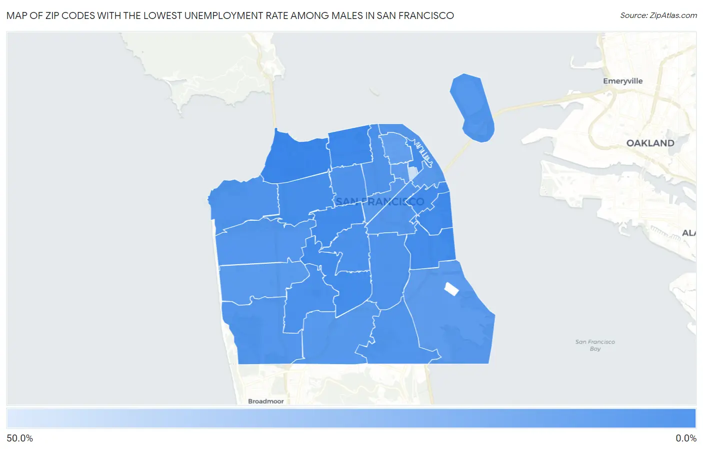 Zip Codes with the Lowest Unemployment Rate Among Males in San Francisco Map