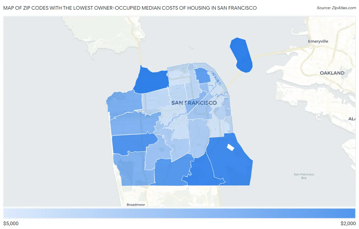 Zip Codes with the Lowest Owner-Occupied Median Costs of Housing in San Francisco Map
