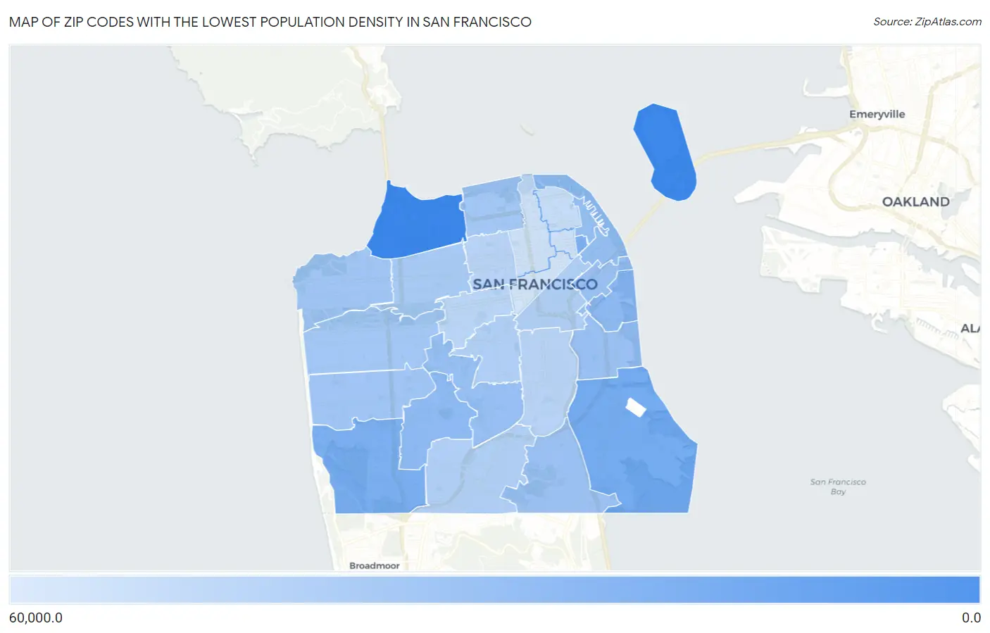 Zip Codes with the Lowest Population Density in San Francisco Map