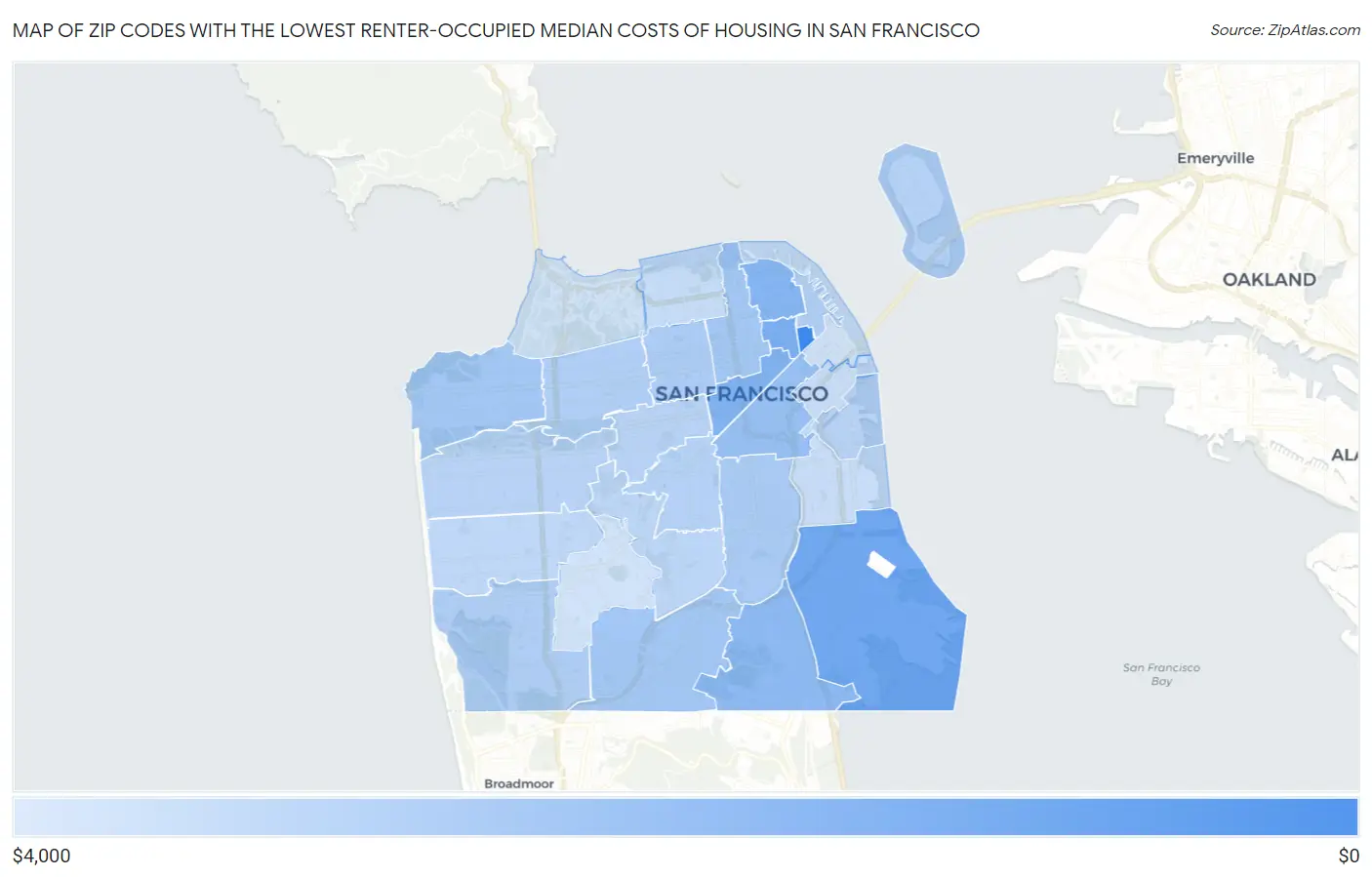 Zip Codes with the Lowest Renter-Occupied Median Costs of Housing in San Francisco Map