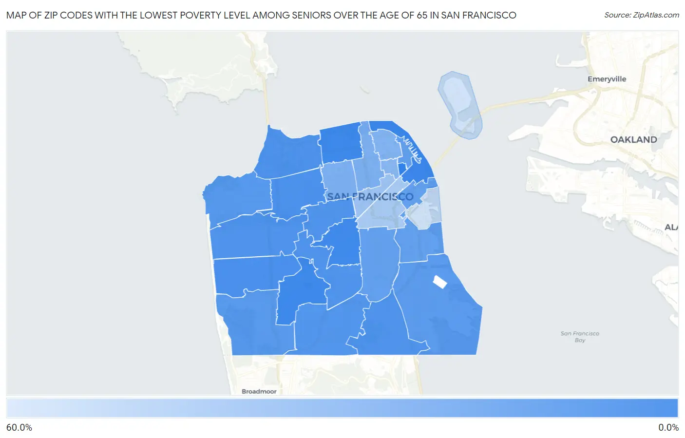Zip Codes with the Lowest Poverty Level Among Seniors Over the Age of 65 in San Francisco Map