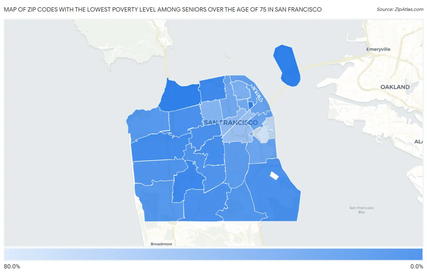 Zip Codes with the Lowest Poverty Level Among Seniors Over the Age of 75 in San Francisco Map