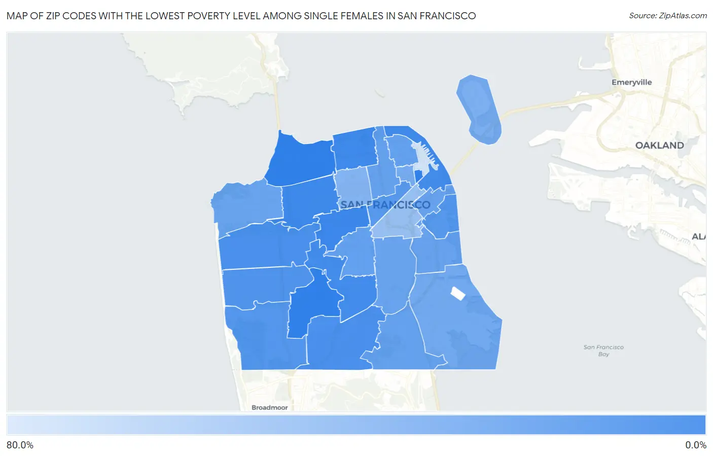 Zip Codes with the Lowest Poverty Level Among Single Females in San Francisco Map