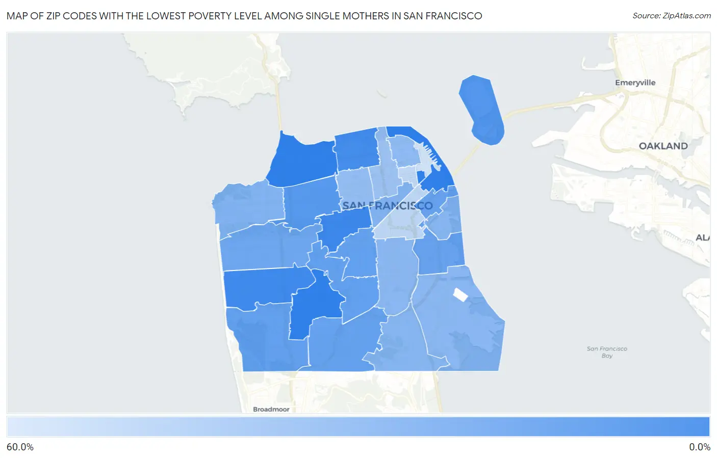 Zip Codes with the Lowest Poverty Level Among Single Mothers in San Francisco Map