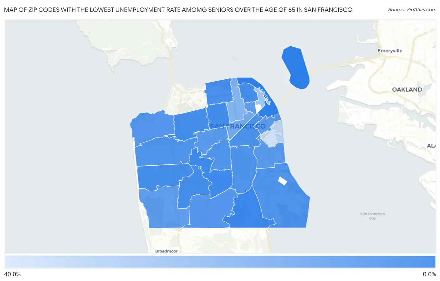 Zip Codes with the Lowest Unemployment Rate Amomg Seniors Over the Age of 65 in San Francisco Map