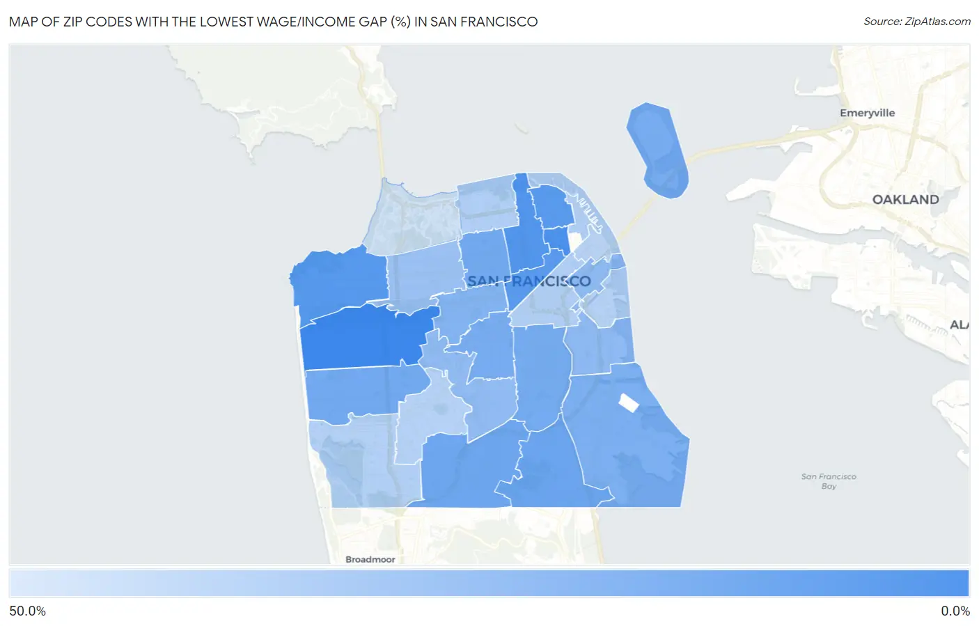 Zip Codes with the Lowest Wage/Income Gap (%) in San Francisco Map