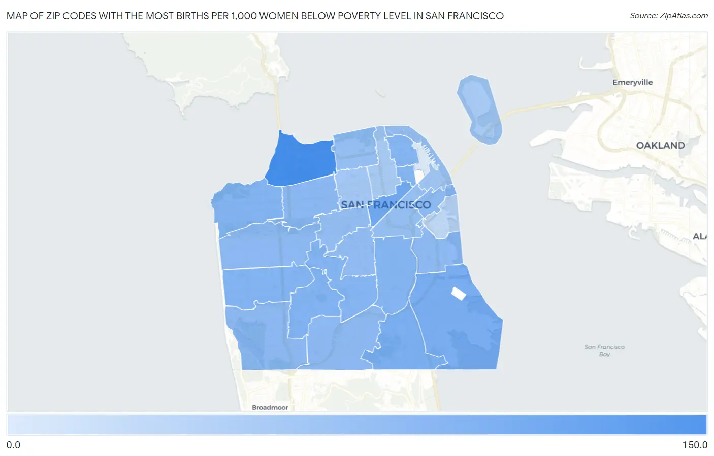 Zip Codes with the Most Births per 1,000 Women Below Poverty Level in San Francisco Map