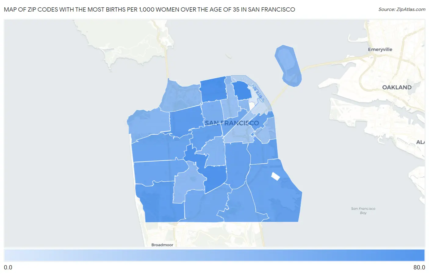 Zip Codes with the Most Births per 1,000 Women Over the Age of 35 in San Francisco Map