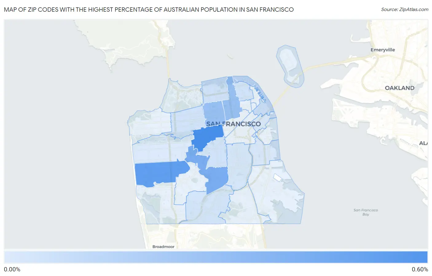 Zip Codes with the Highest Percentage of Australian Population in San Francisco Map