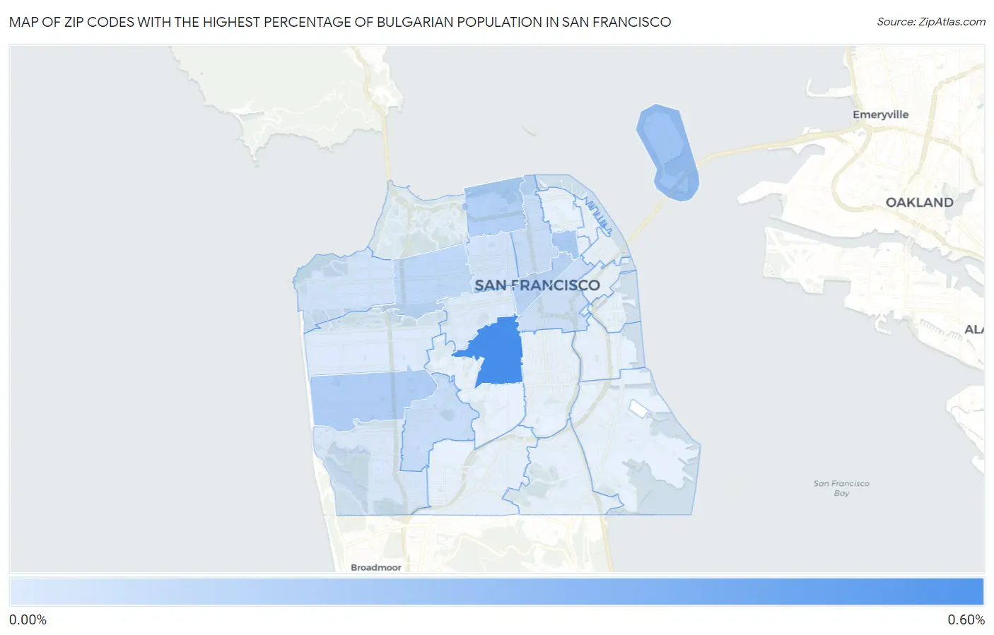 Zip Codes with the Highest Percentage of Bulgarian Population in San Francisco Map