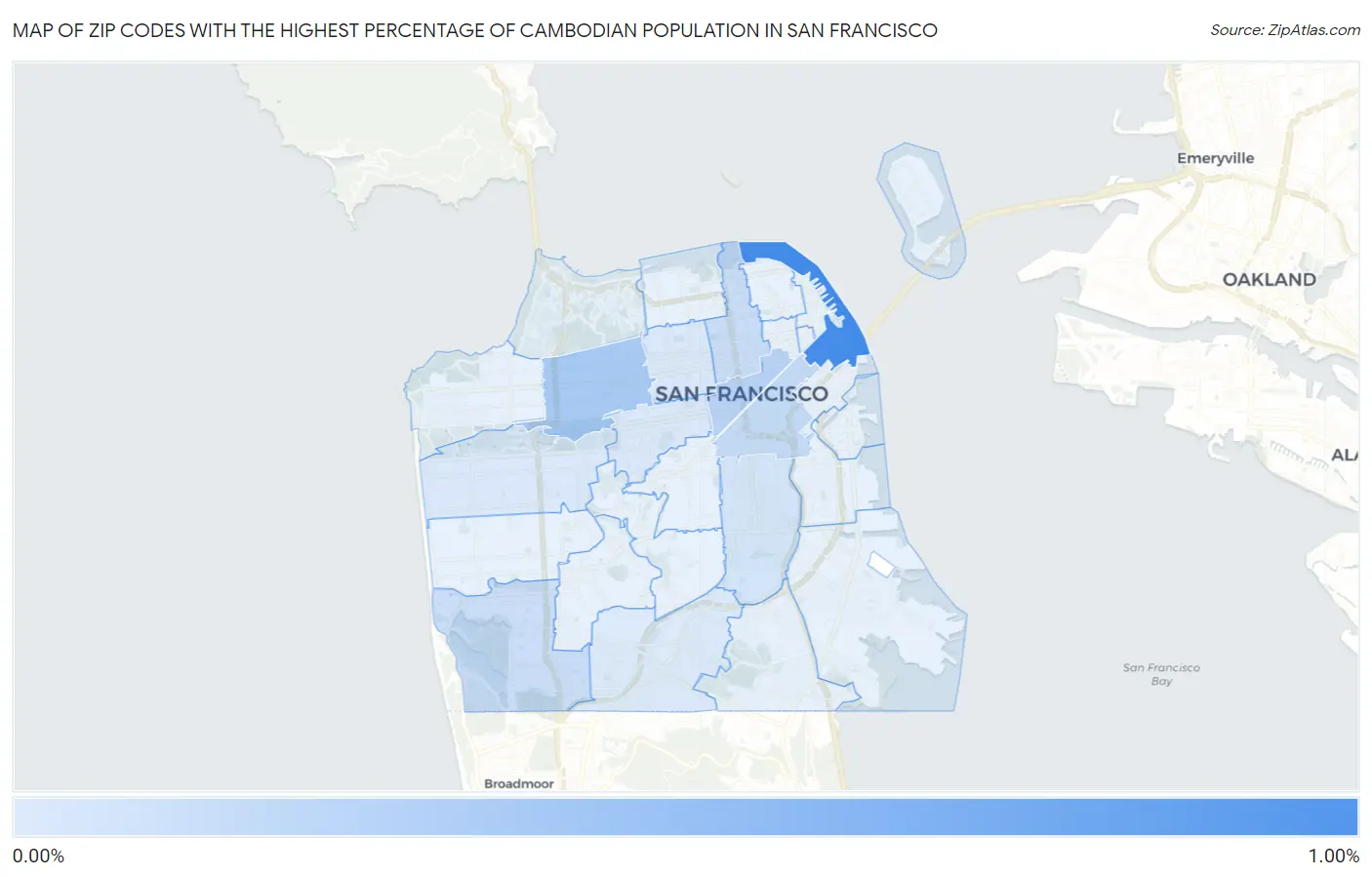 Zip Codes with the Highest Percentage of Cambodian Population in San Francisco Map