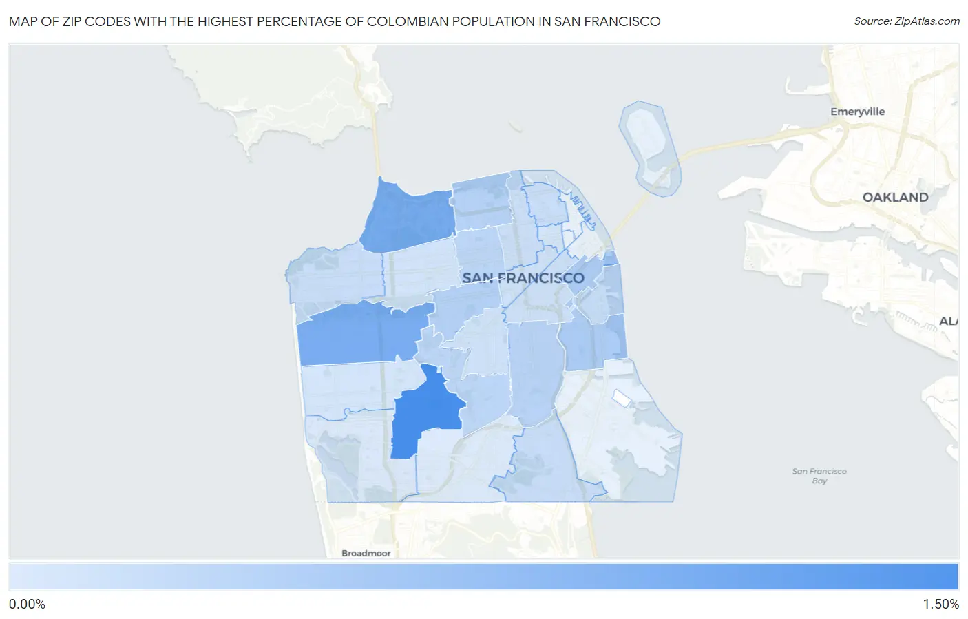 Zip Codes with the Highest Percentage of Colombian Population in San Francisco Map