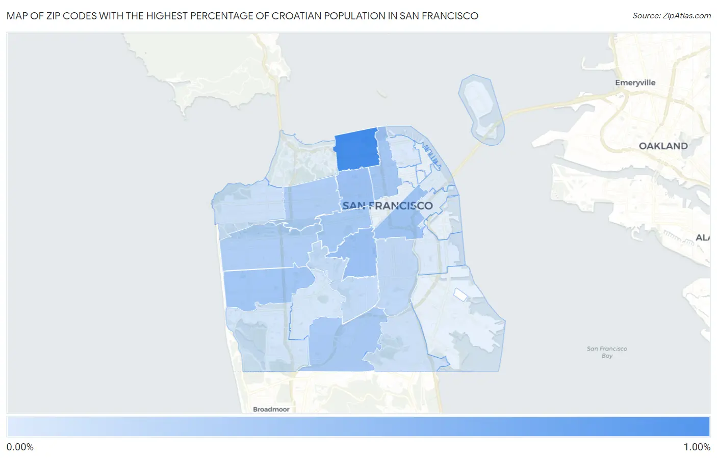 Zip Codes with the Highest Percentage of Croatian Population in San Francisco Map