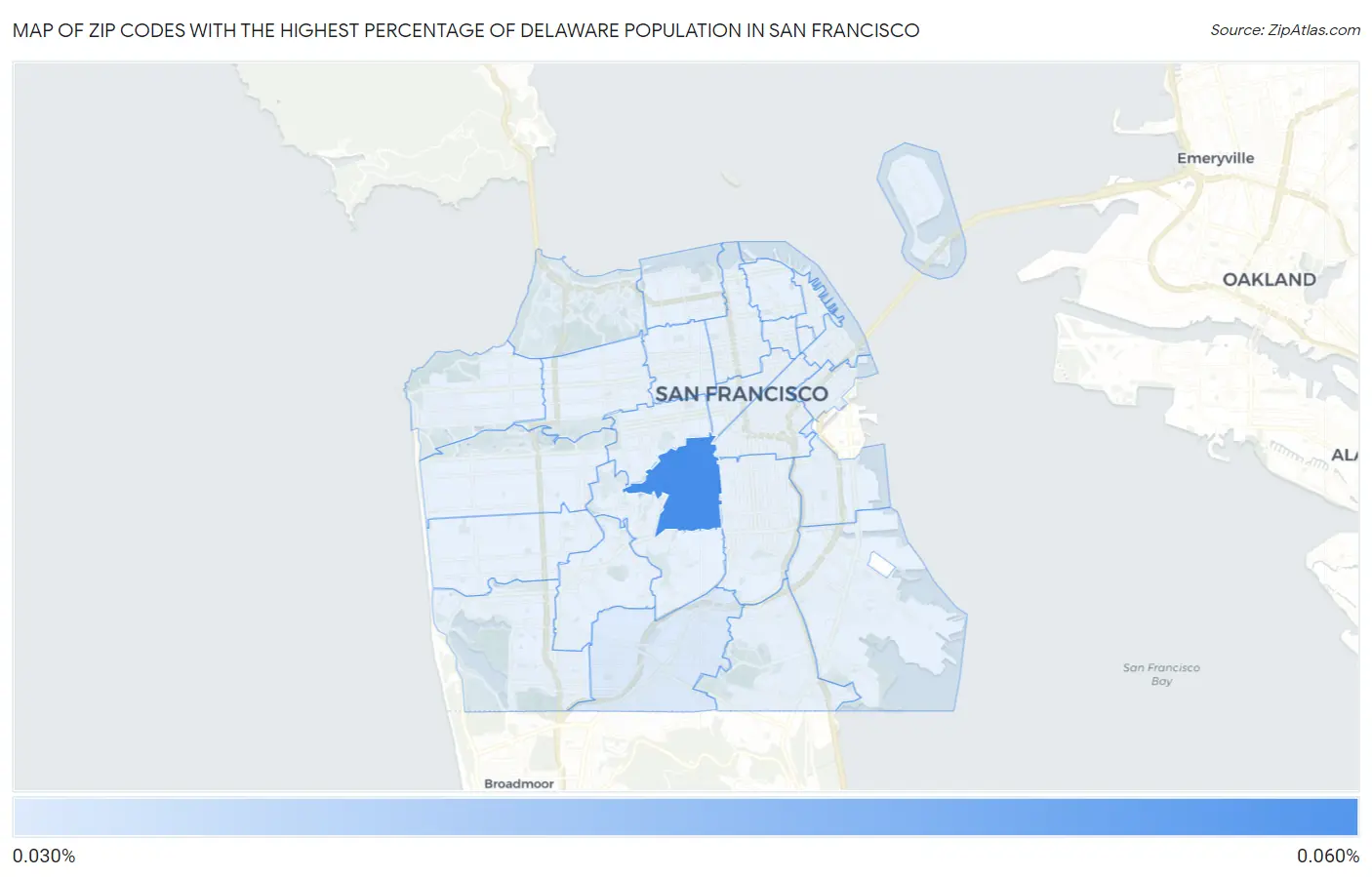 Zip Codes with the Highest Percentage of Delaware Population in San Francisco Map