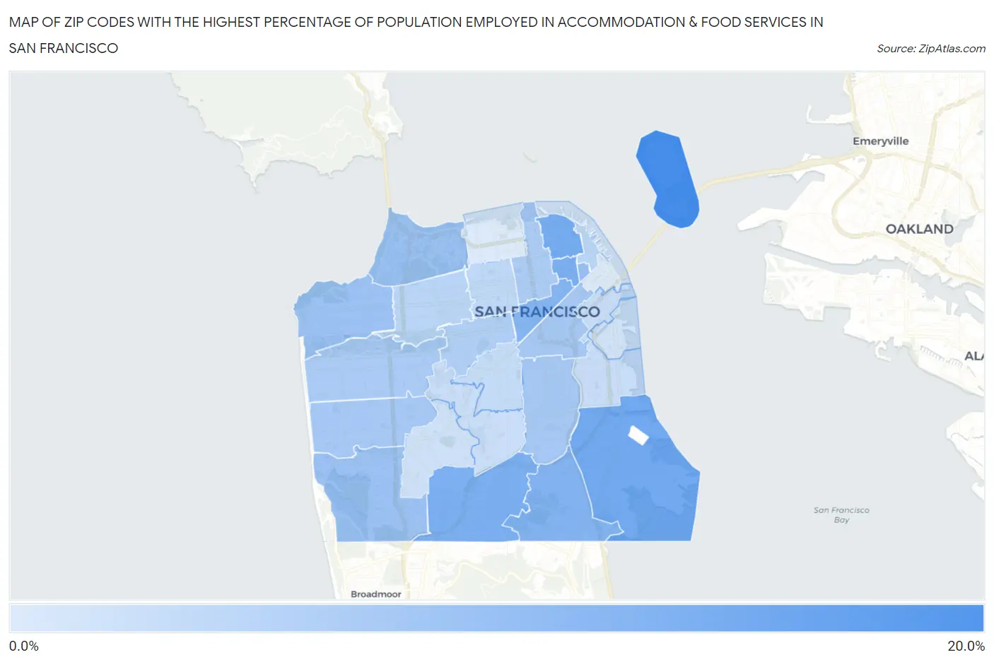 Zip Codes with the Highest Percentage of Population Employed in Accommodation & Food Services in San Francisco Map