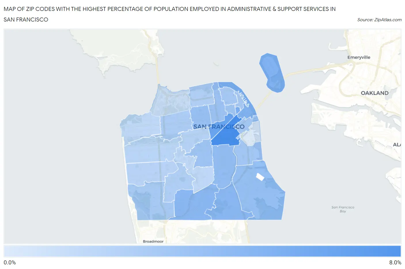 Zip Codes with the Highest Percentage of Population Employed in Administrative & Support Services in San Francisco Map