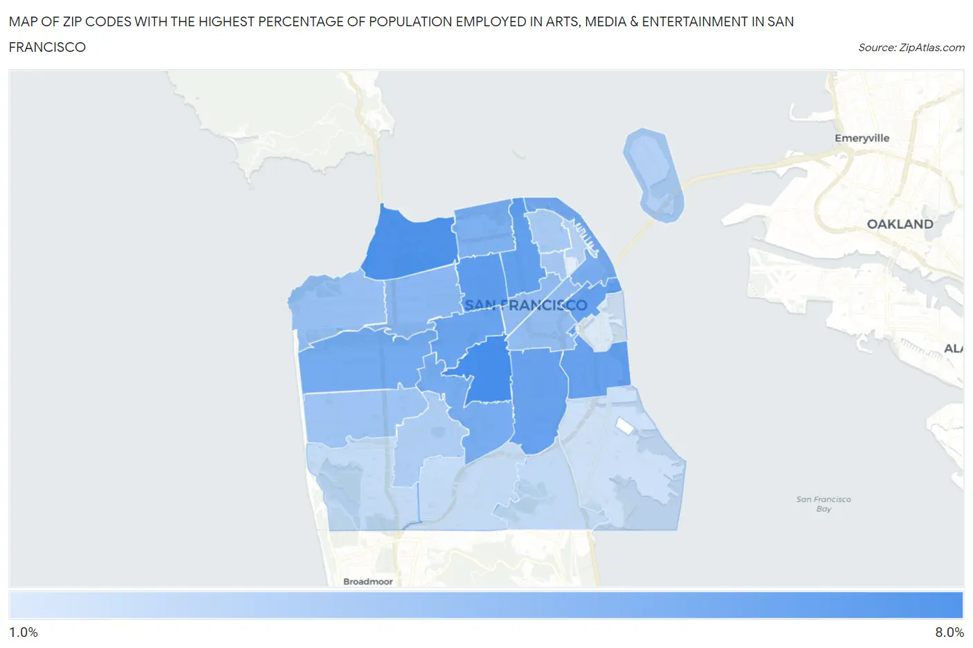Zip Codes with the Highest Percentage of Population Employed in Arts, Media & Entertainment in San Francisco Map