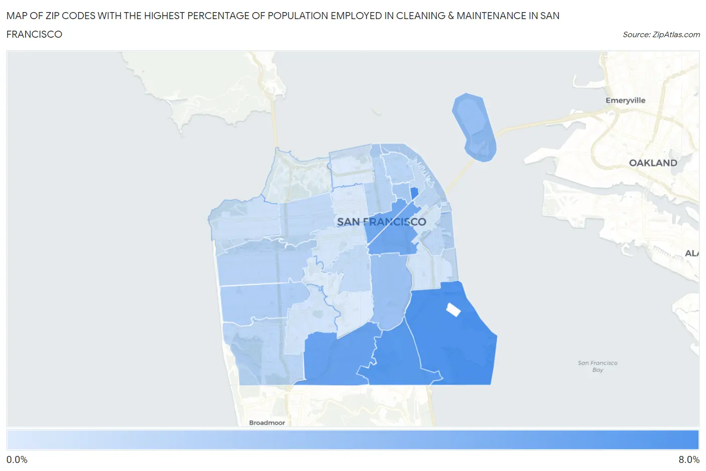 Zip Codes with the Highest Percentage of Population Employed in Cleaning & Maintenance in San Francisco Map