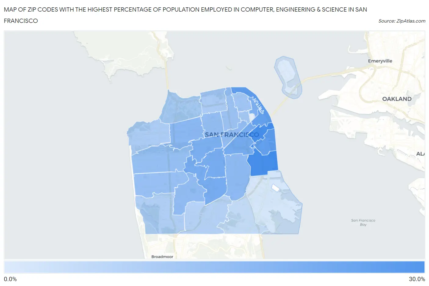 Zip Codes with the Highest Percentage of Population Employed in Computer, Engineering & Science in San Francisco Map