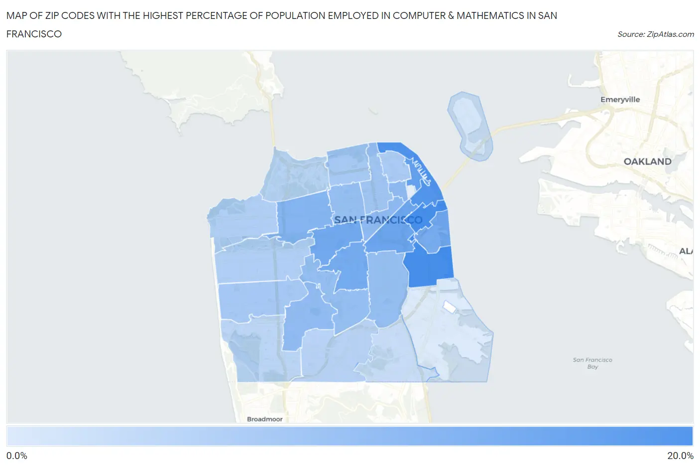 Zip Codes with the Highest Percentage of Population Employed in Computer & Mathematics in San Francisco Map