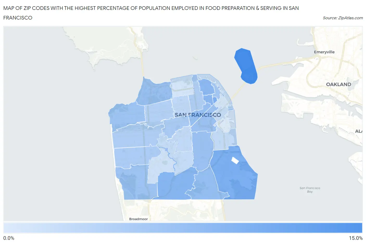 Zip Codes with the Highest Percentage of Population Employed in Food Preparation & Serving in San Francisco Map
