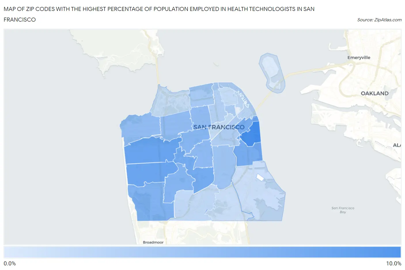 Zip Codes with the Highest Percentage of Population Employed in Health Technologists in San Francisco Map