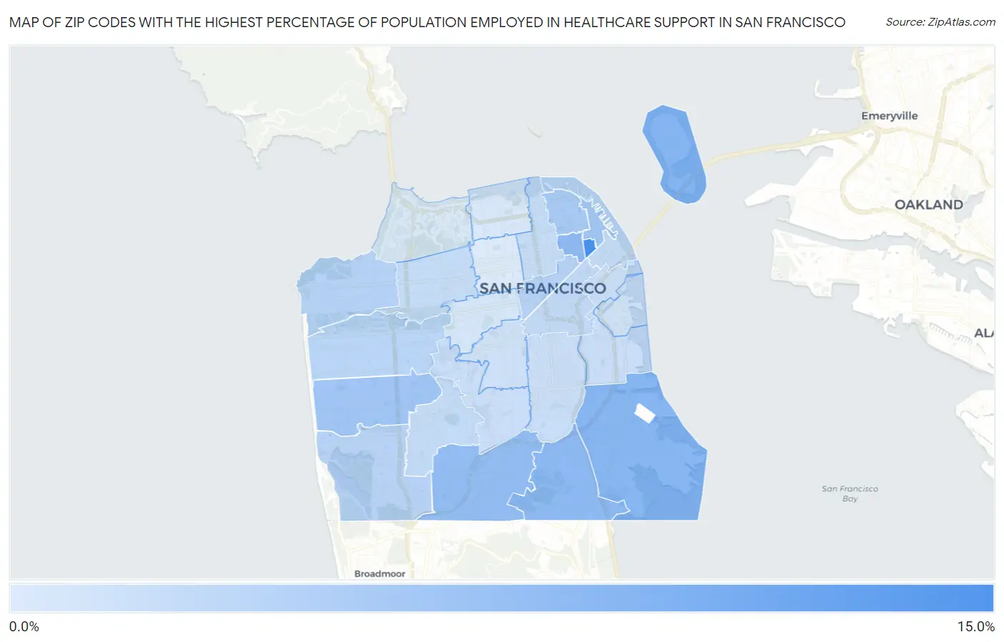 Zip Codes with the Highest Percentage of Population Employed in Healthcare Support in San Francisco Map