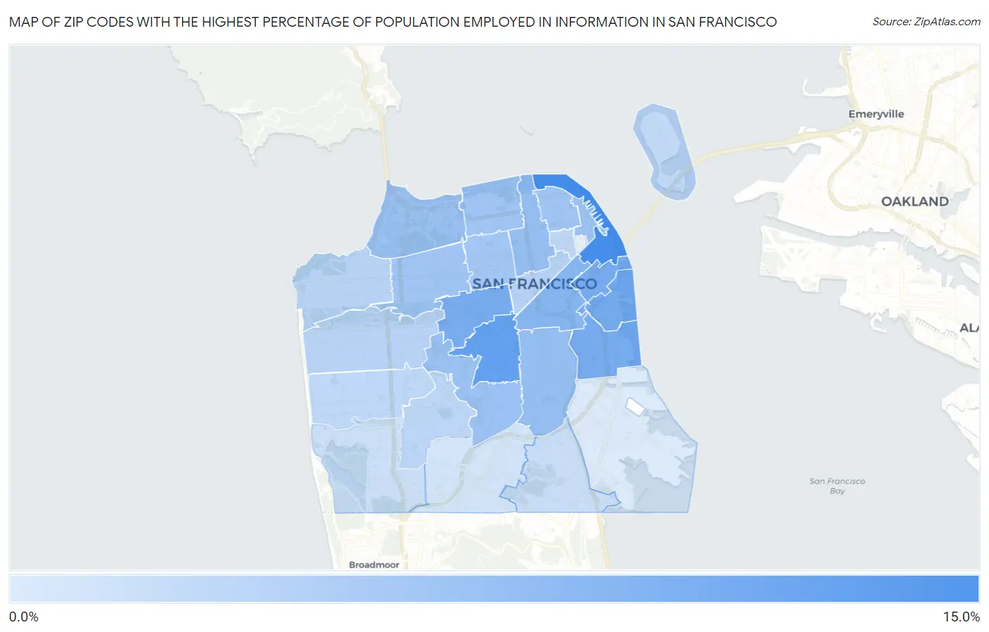 Zip Codes with the Highest Percentage of Population Employed in Information in San Francisco Map