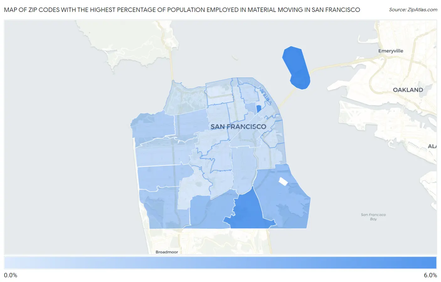 Zip Codes with the Highest Percentage of Population Employed in Material Moving in San Francisco Map