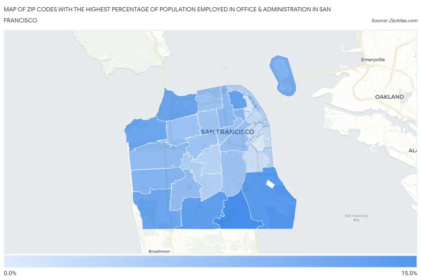 Zip Codes with the Highest Percentage of Population Employed in Office & Administration in San Francisco Map