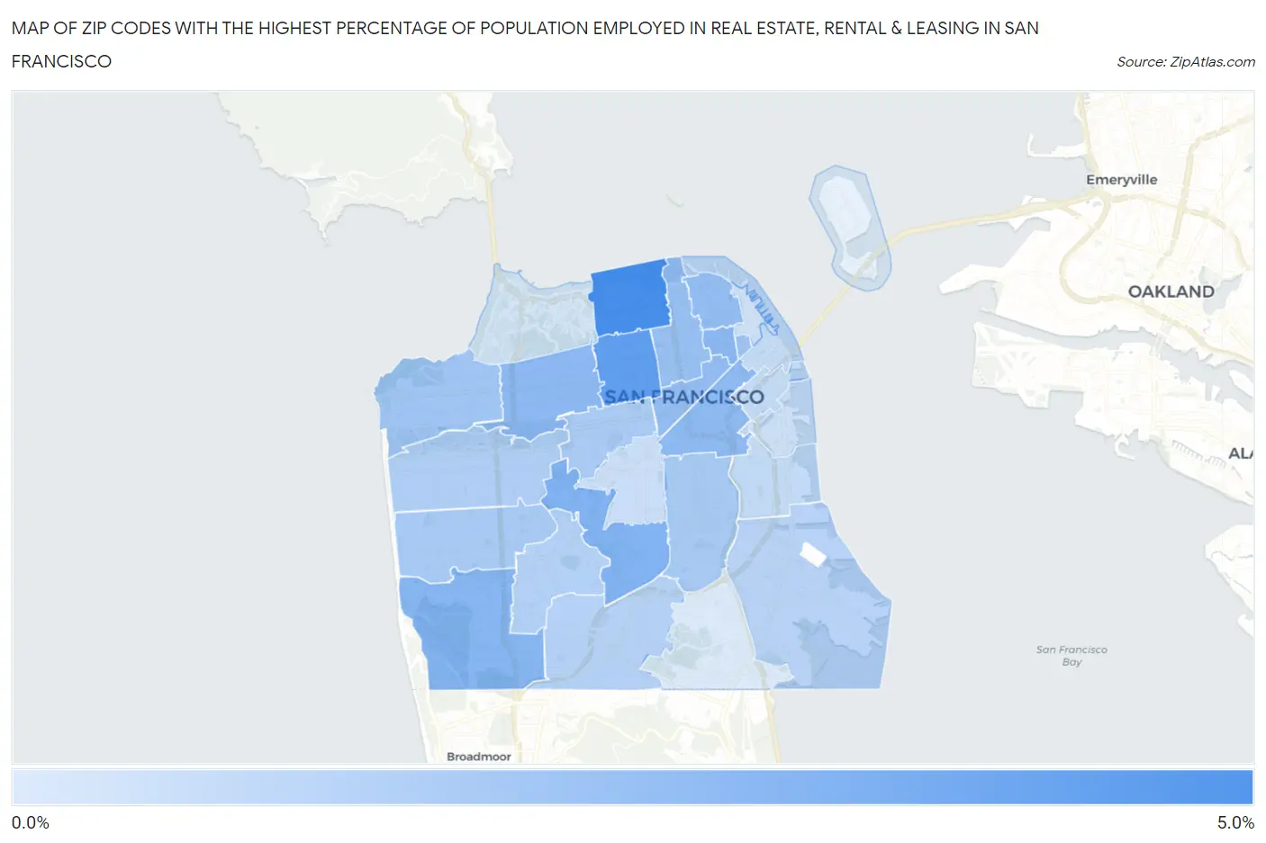 Zip Codes with the Highest Percentage of Population Employed in Real Estate, Rental & Leasing in San Francisco Map