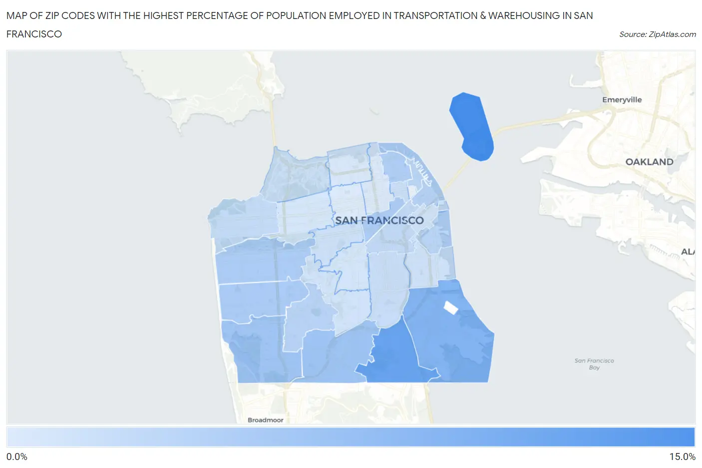 Zip Codes with the Highest Percentage of Population Employed in Transportation & Warehousing in San Francisco Map