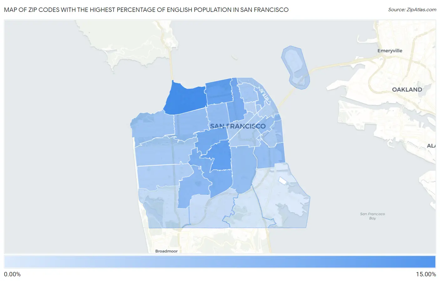 Zip Codes with the Highest Percentage of English Population in San Francisco Map