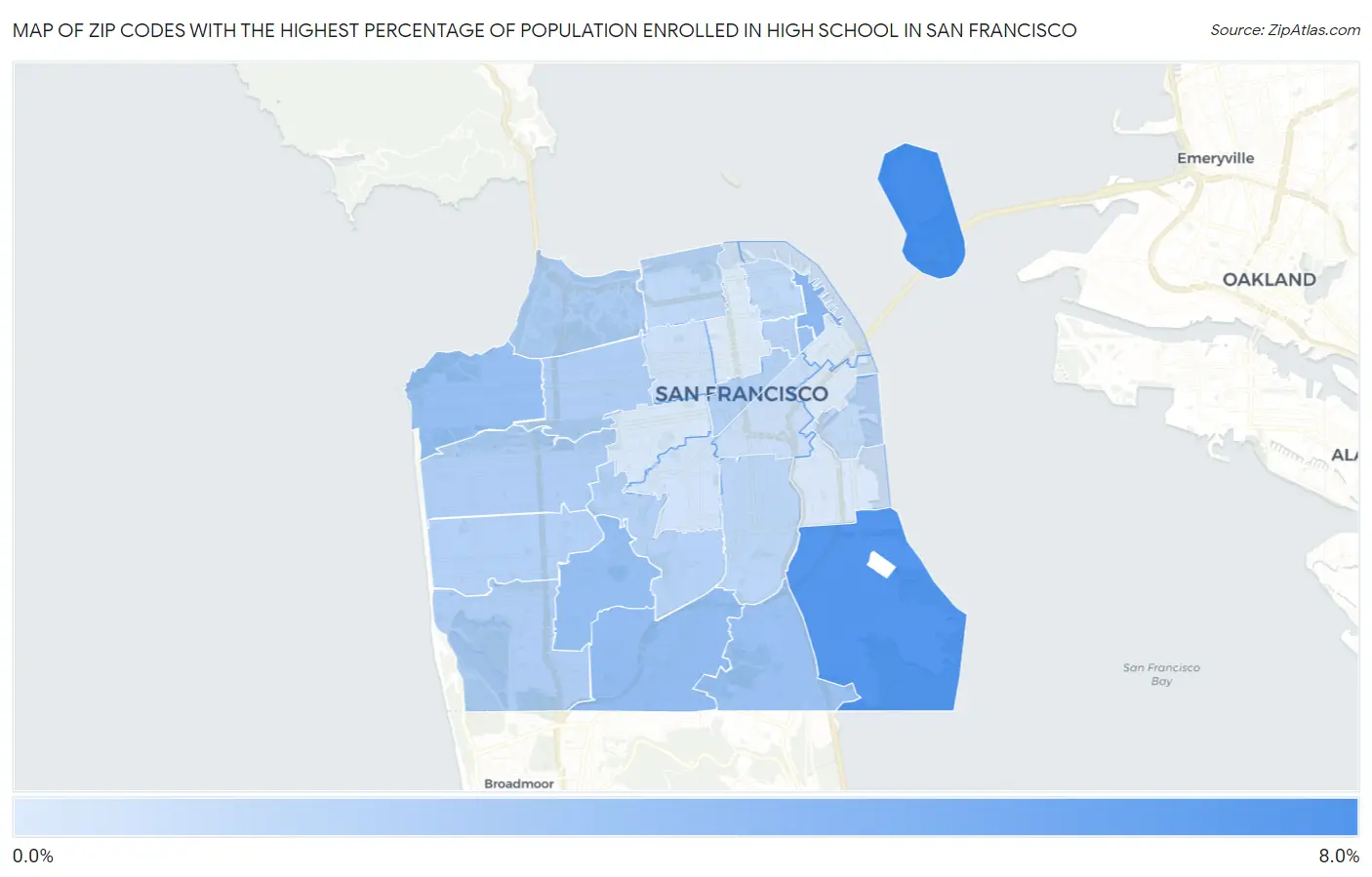Zip Codes with the Highest Percentage of Population Enrolled in High School in San Francisco Map