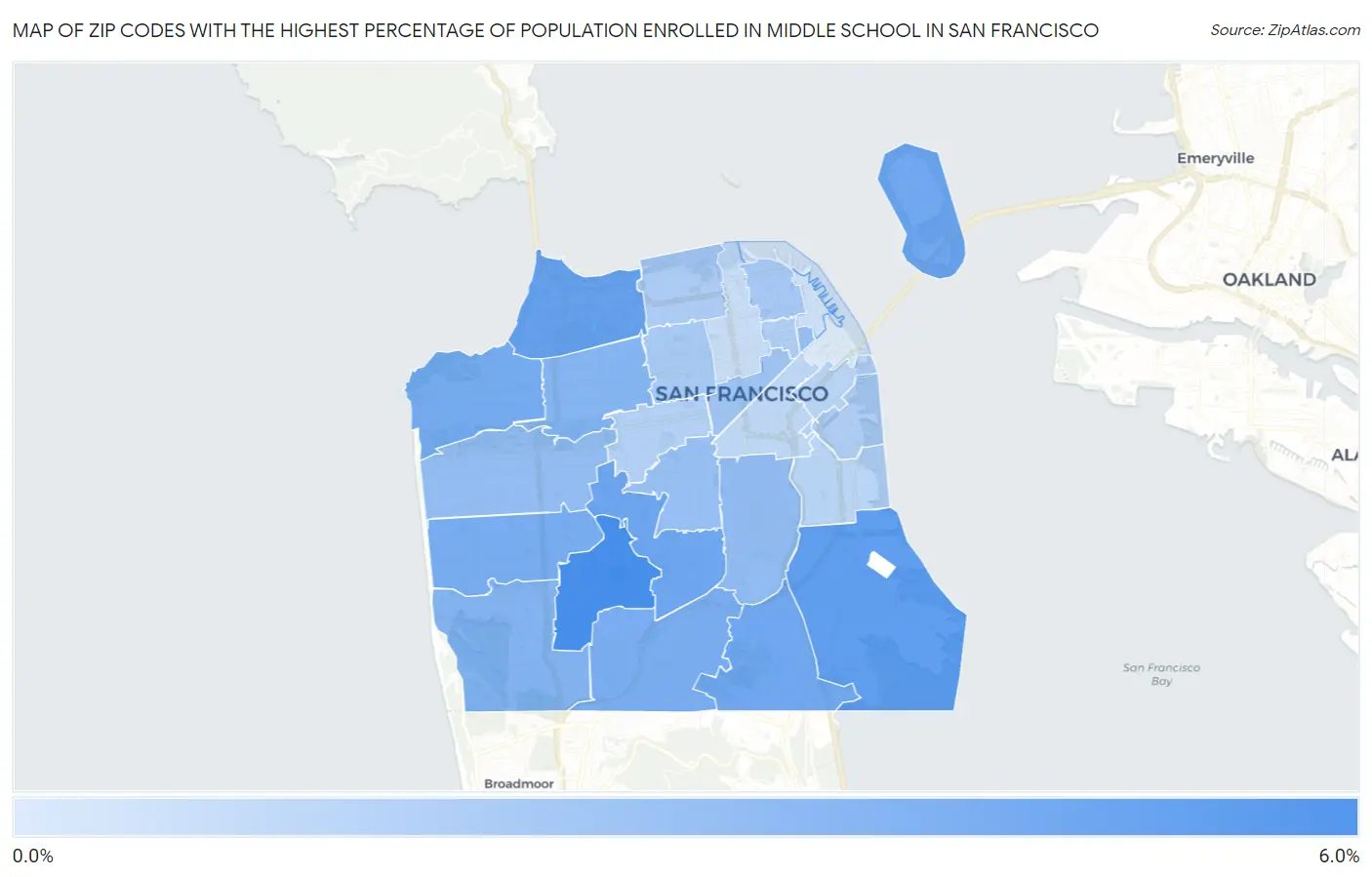 Zip Codes with the Highest Percentage of Population Enrolled in Middle School in San Francisco Map