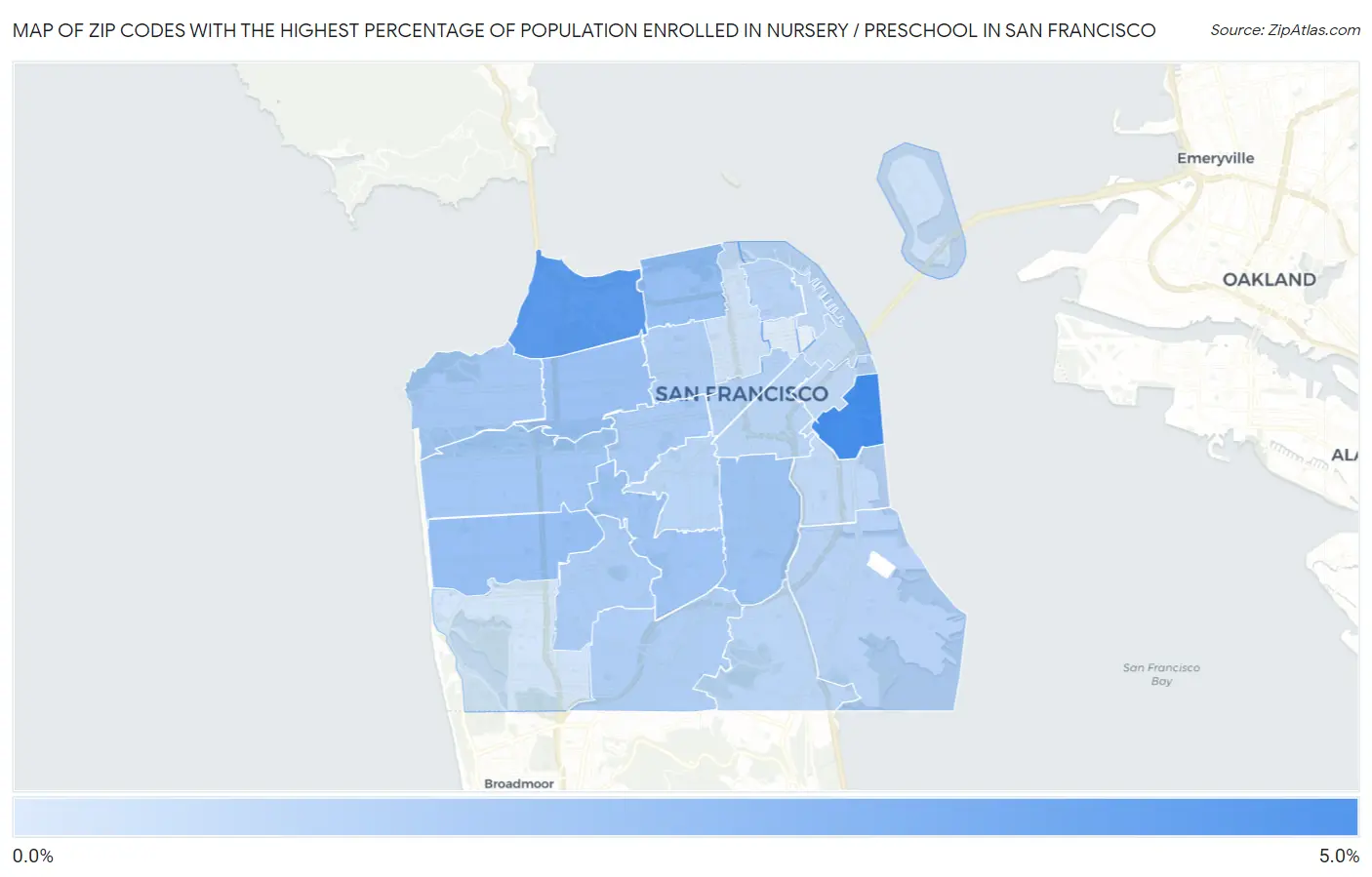 Zip Codes with the Highest Percentage of Population Enrolled in Nursery / Preschool in San Francisco Map