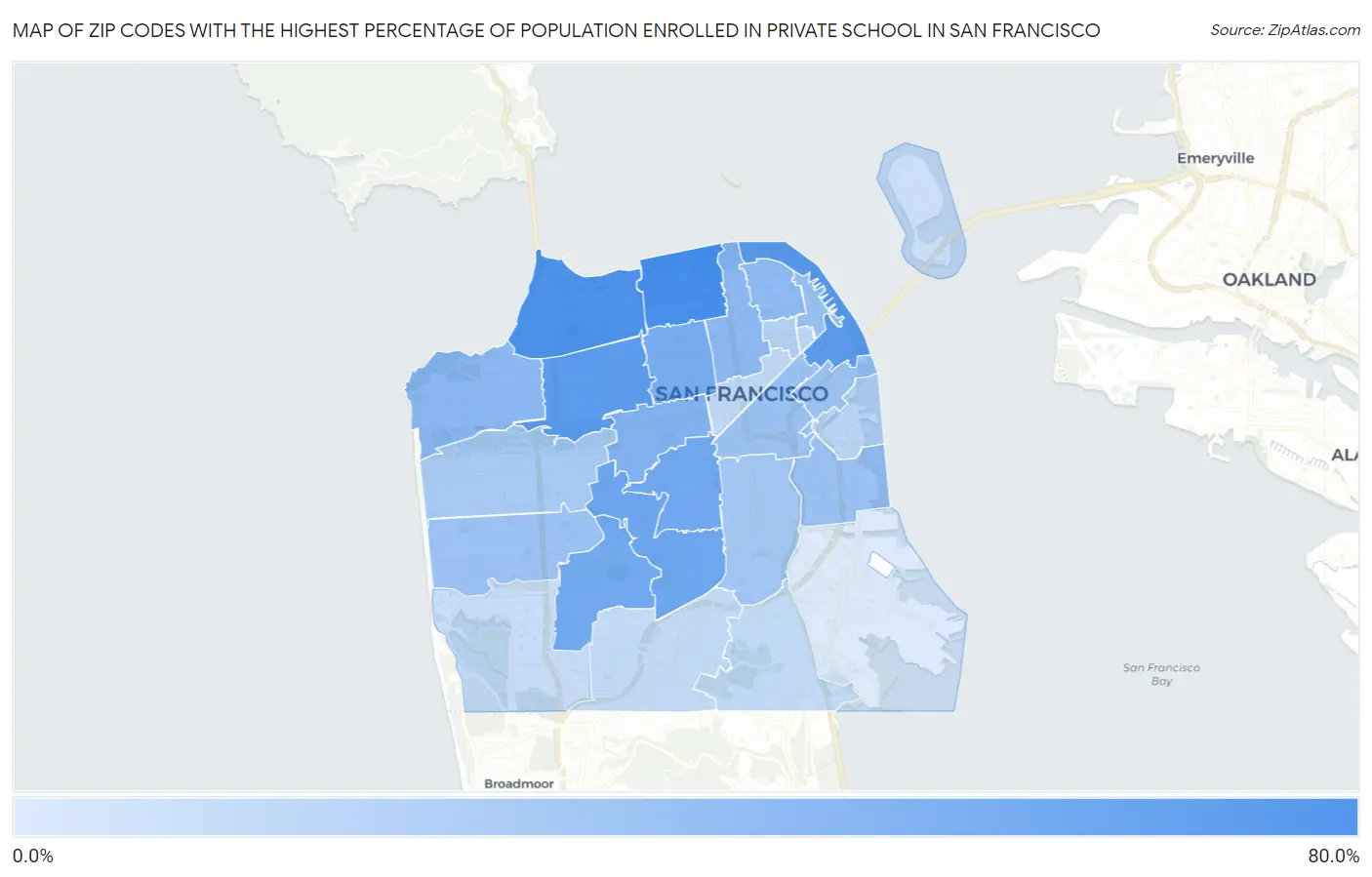 Zip Codes with the Highest Percentage of Population Enrolled in Private School in San Francisco Map