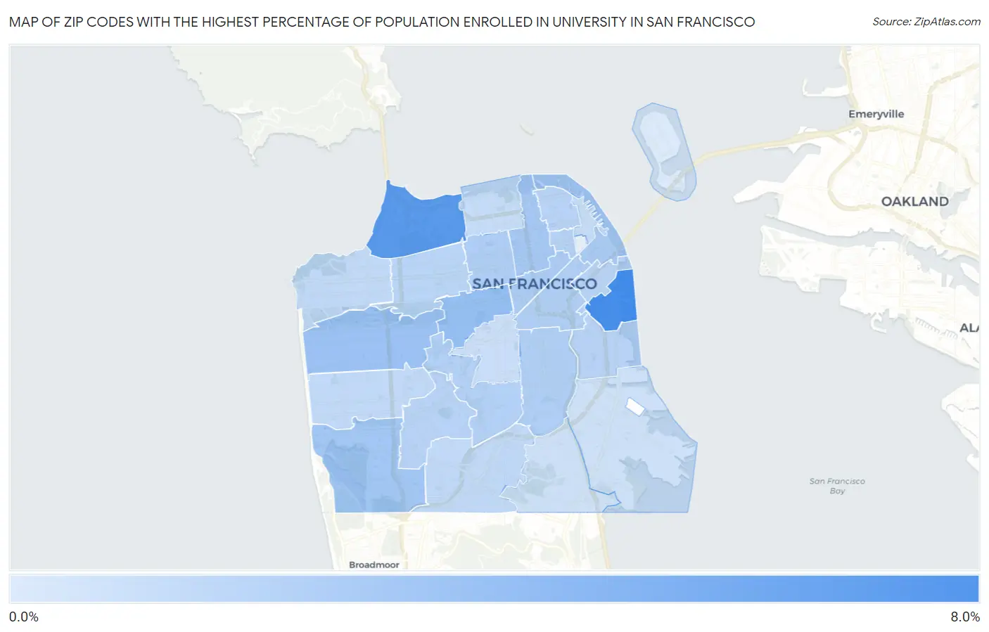 Zip Codes with the Highest Percentage of Population Enrolled in University in San Francisco Map