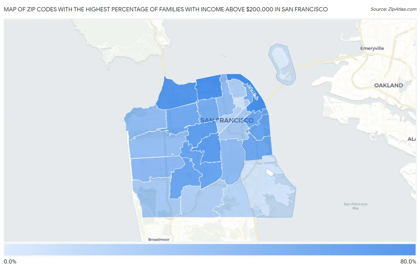 Zip Codes with the Highest Percentage of Families with Income Above $200,000 in San Francisco Map