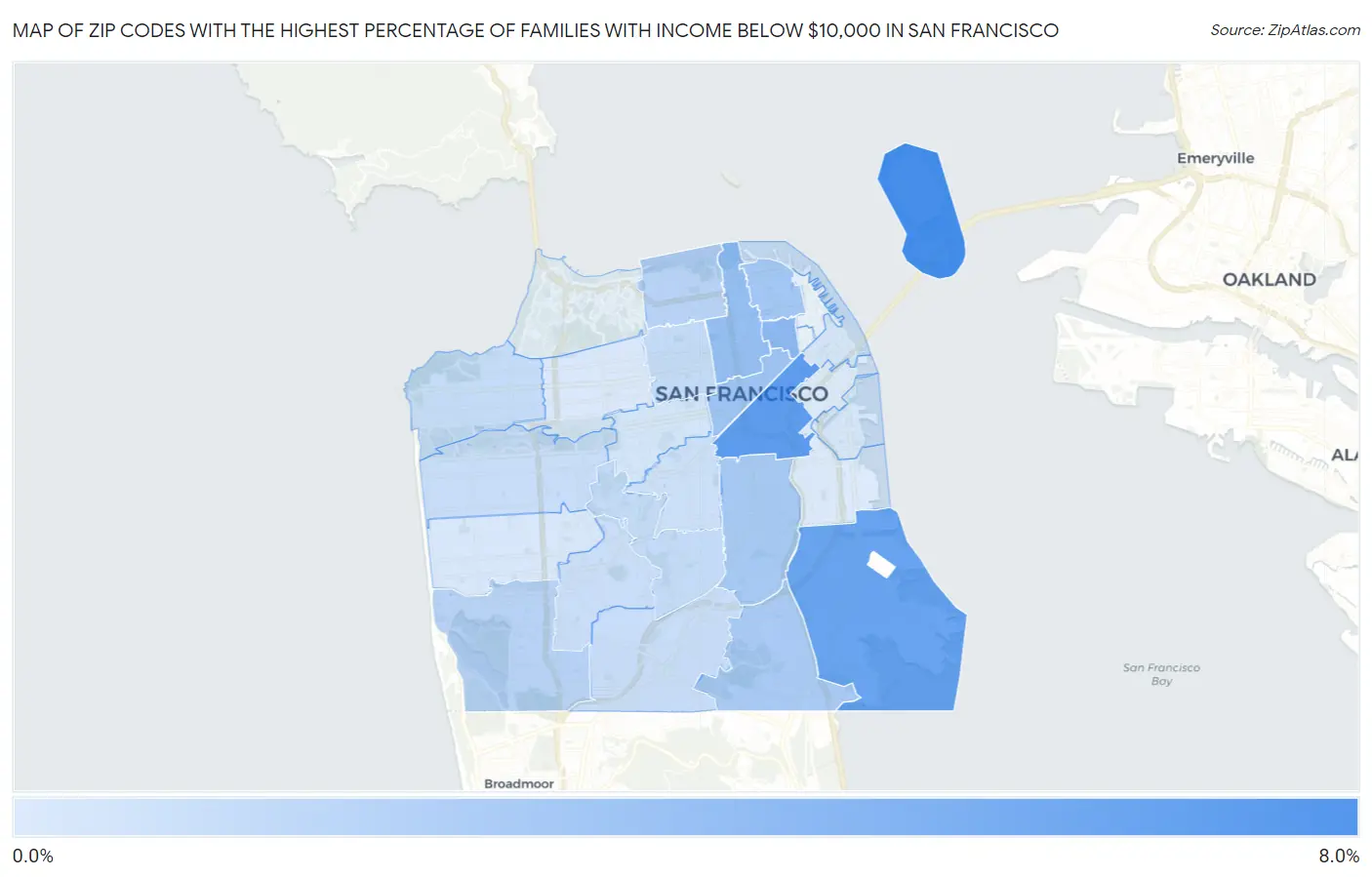 Zip Codes with the Highest Percentage of Families with Income Below $10,000 in San Francisco Map