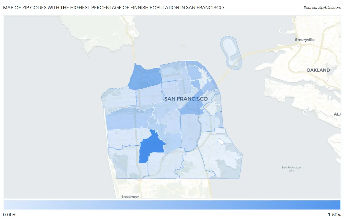 Zip Codes with the Highest Percentage of Finnish Population in San Francisco Map