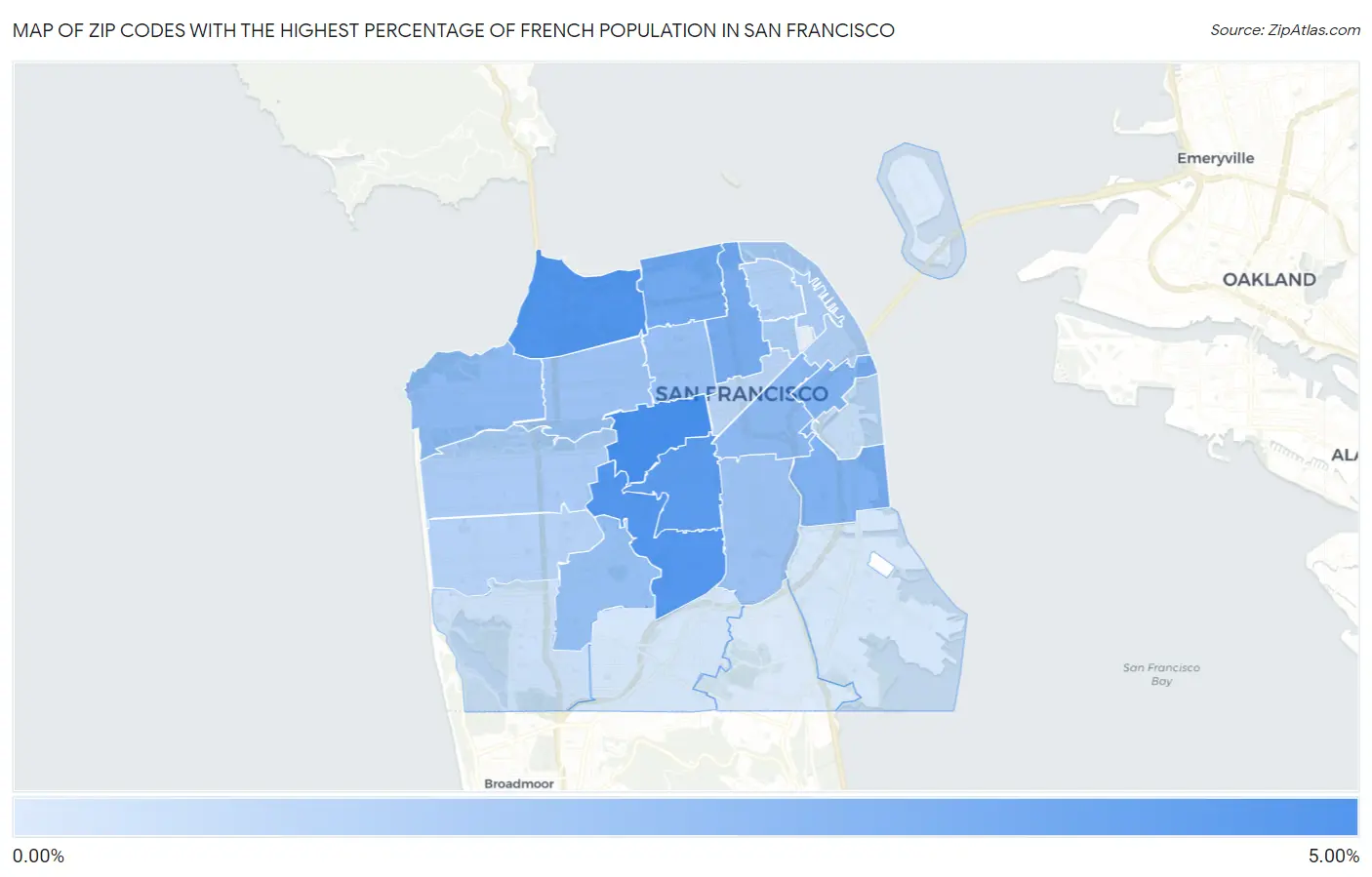 Zip Codes with the Highest Percentage of French Population in San Francisco Map