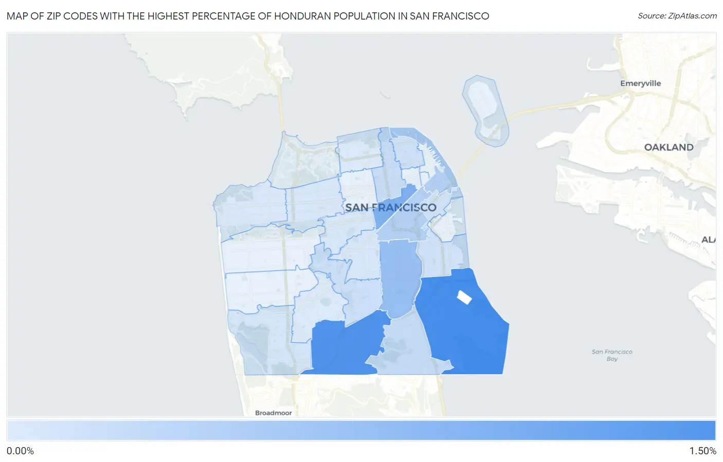 Zip Codes with the Highest Percentage of Honduran Population in San Francisco Map