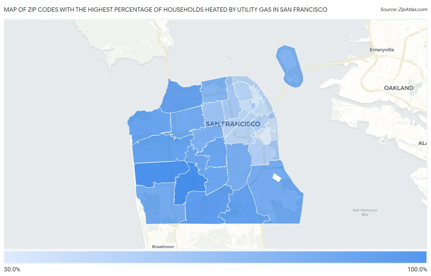 Zip Codes with the Highest Percentage of Households Heated by Utility Gas in San Francisco Map