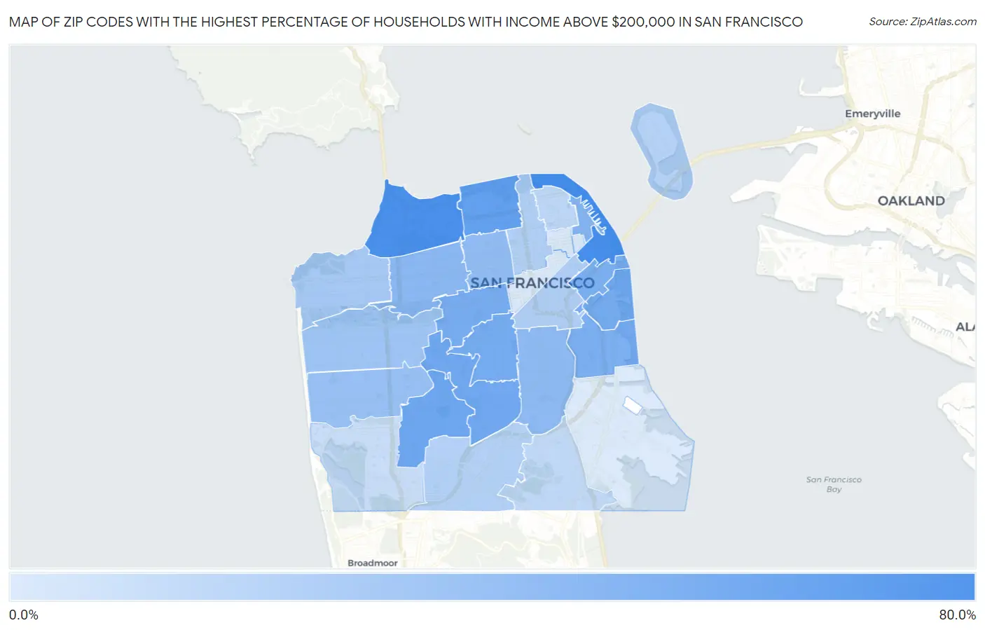 Zip Codes with the Highest Percentage of Households with Income Above $200,000 in San Francisco Map