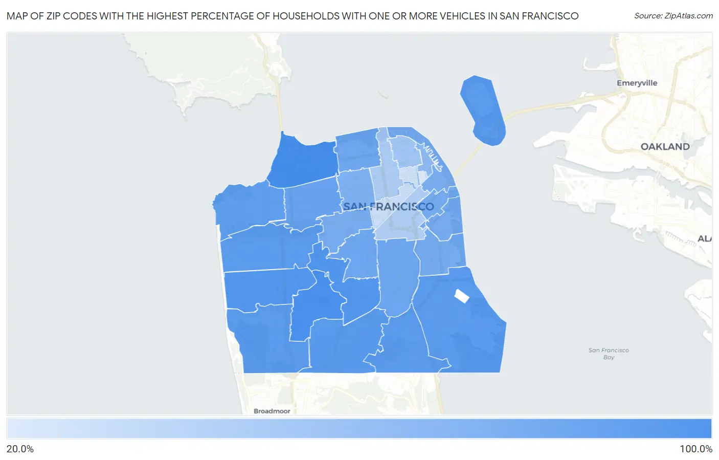 Zip Codes with the Highest Percentage of Households With One or more Vehicles in San Francisco Map