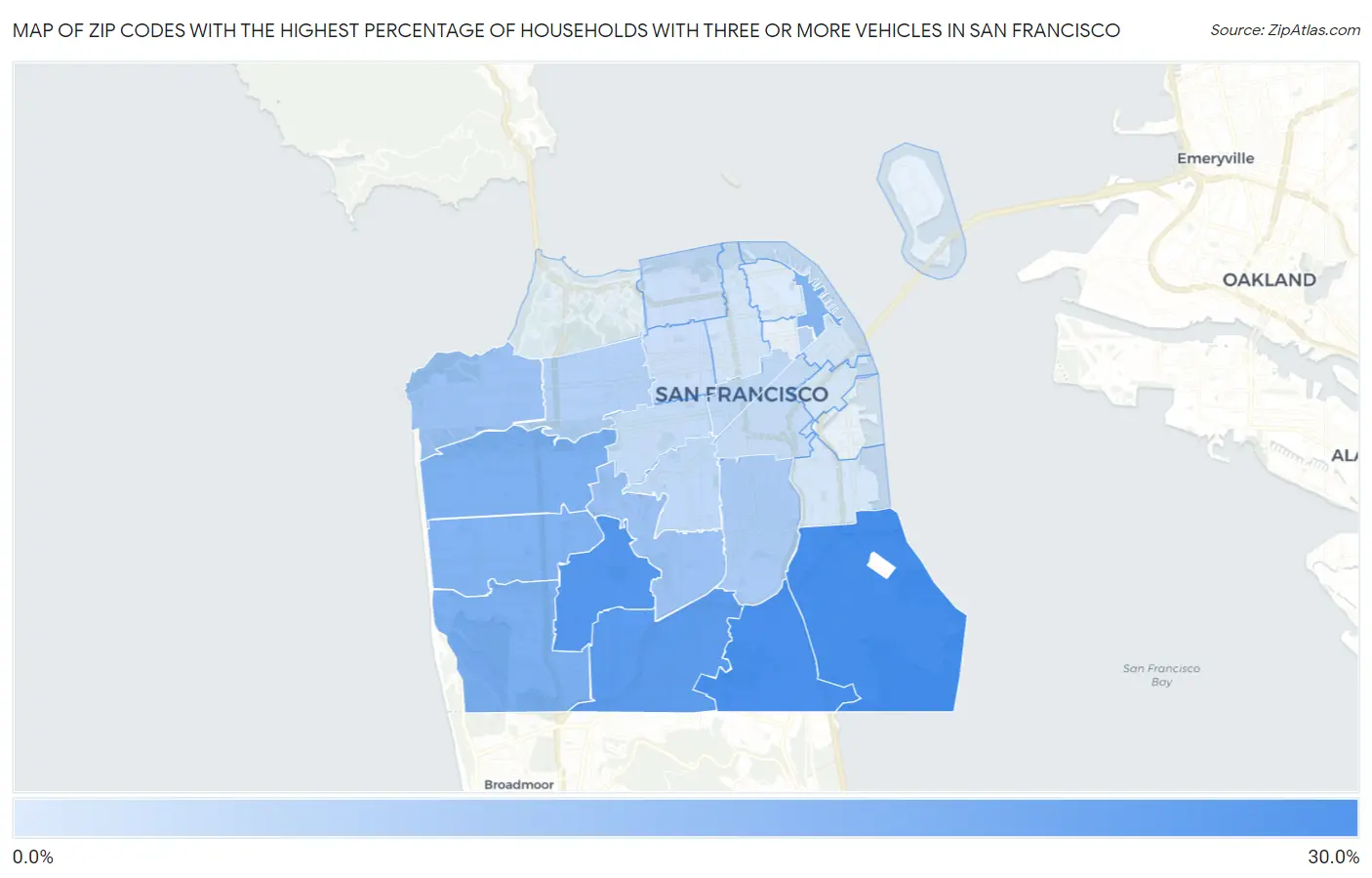 Zip Codes with the Highest Percentage of Households With Three or more Vehicles in San Francisco Map